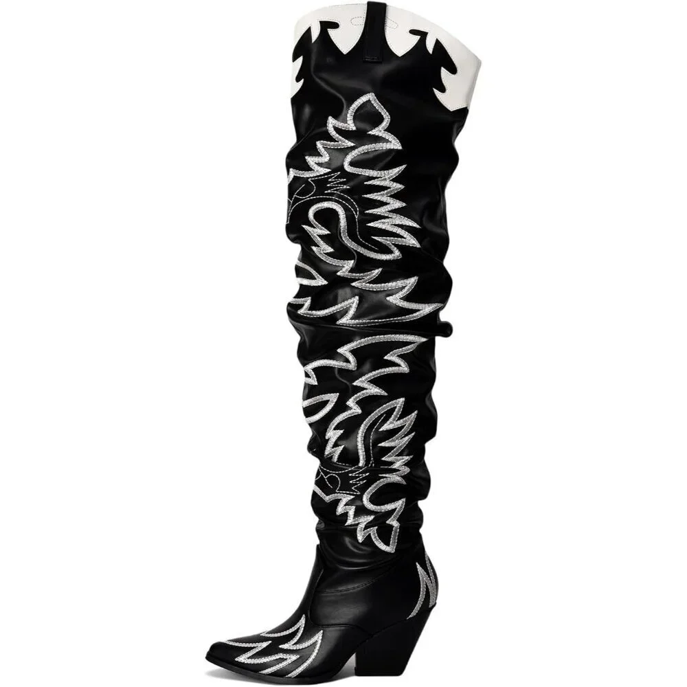 Women Pu Black Faux Leather Over The Knee Cowgirl Chunky Block Heel Fashion Boot